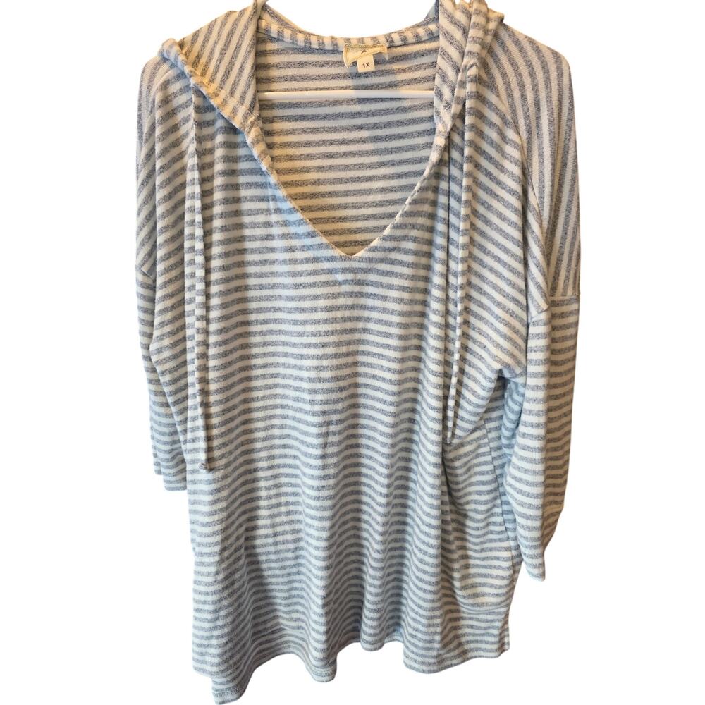 Colortree Hooded Lagen Look Look Top 1x Womens Plus Size White Grey Striped‎